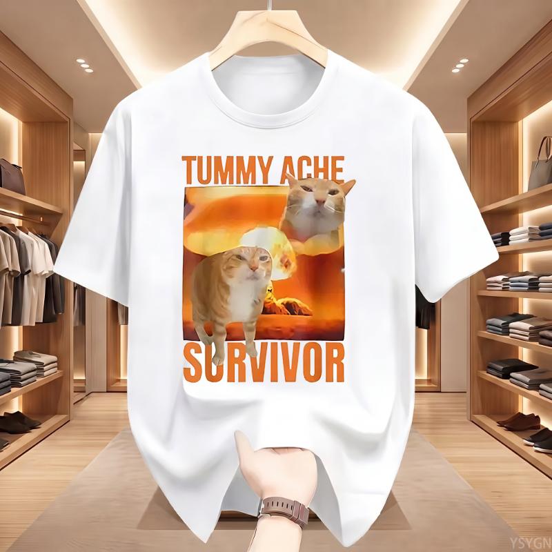 Tummy Ache Survivor Cat Funny Retro Casual Round Neck Pure Cotton Shortsleeved Tshirt Unisexs Summer Fashion Trend Breathable Top