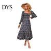 Women Dress Long Sleeves Flower Print A-line Square Neck Midi Casual Elastic Bust Backless Patchwork Hem Pleated Spring Fall Chiffon Outfit