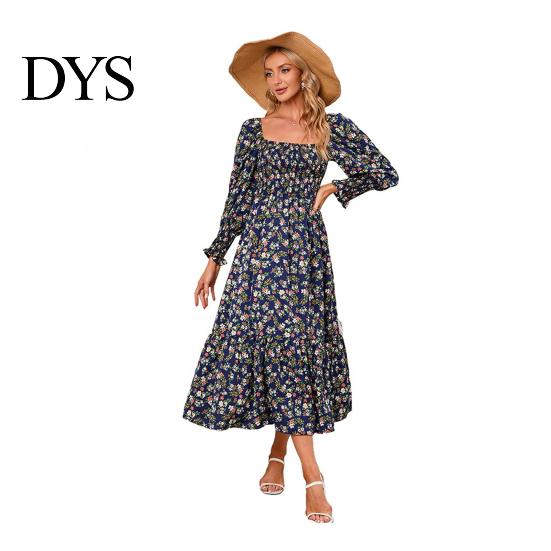 Women Dress Long Sleeves Flower Print A-line Square Neck Midi Casual Elastic Bust Backless Patchwork Hem Pleated Spring Fall Chiffon Outfit