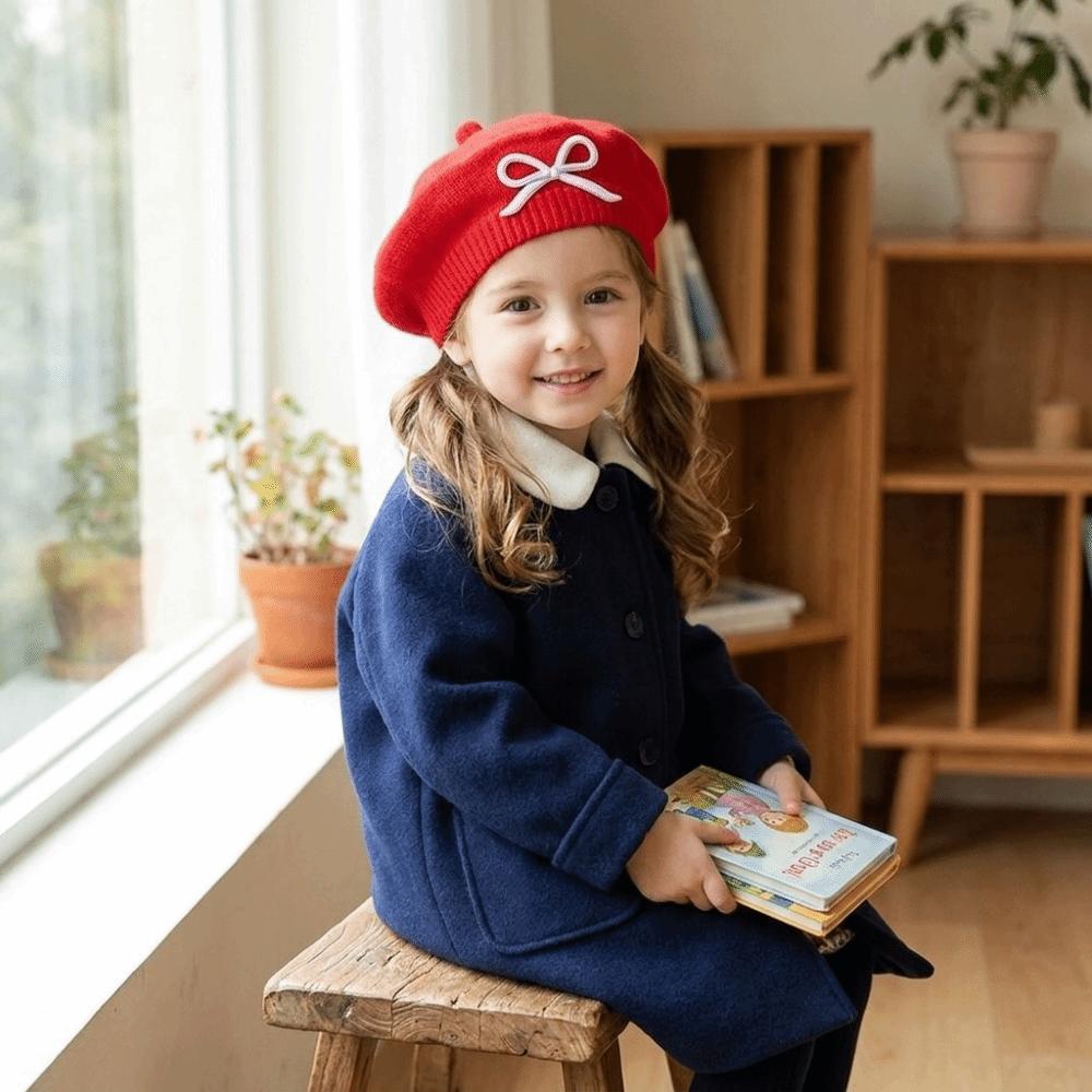 Soft Children Knitted Beret Warm Beanie Cap Stylish Bow Embroidery Painter Hat Infant Toddler