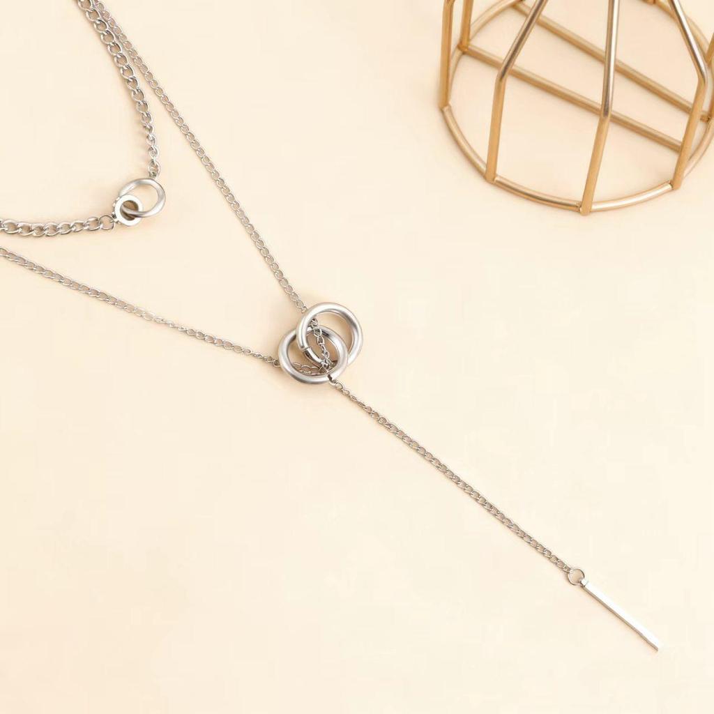 Trendy Double-Ring Pendant Tassel Necklace with Long Bar Clavicle Chain