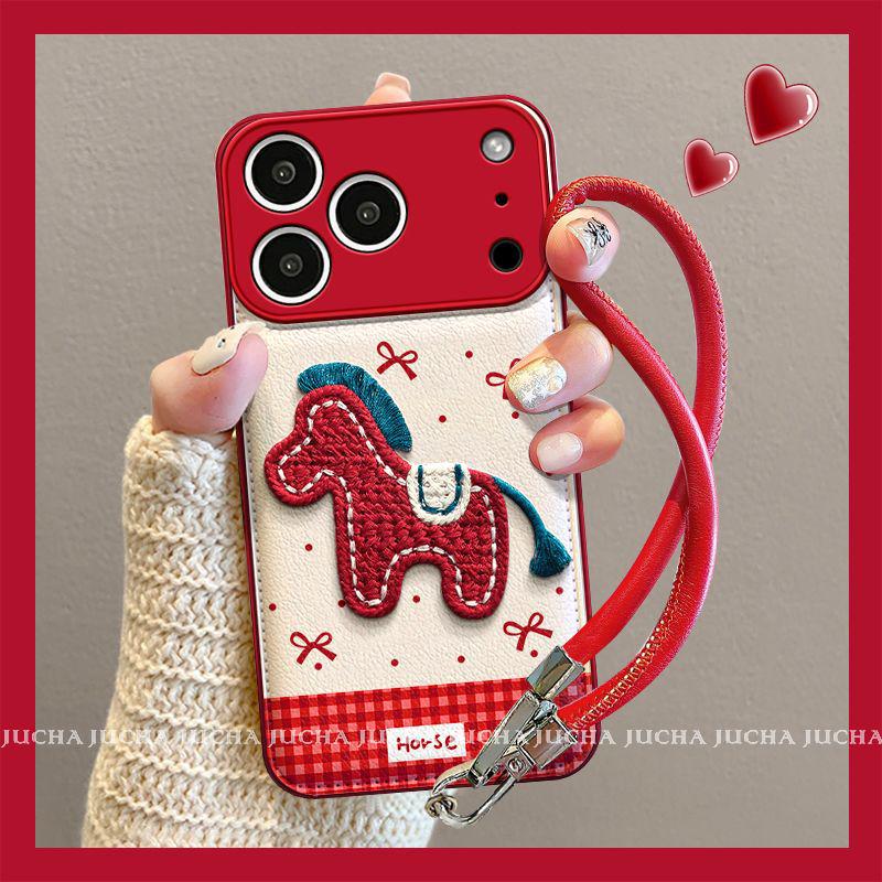 Apple Phone Case with Lanyard: Cute, Embroidered Little Horse Design for iPhone 17, 16 Pro Max, 15, 14