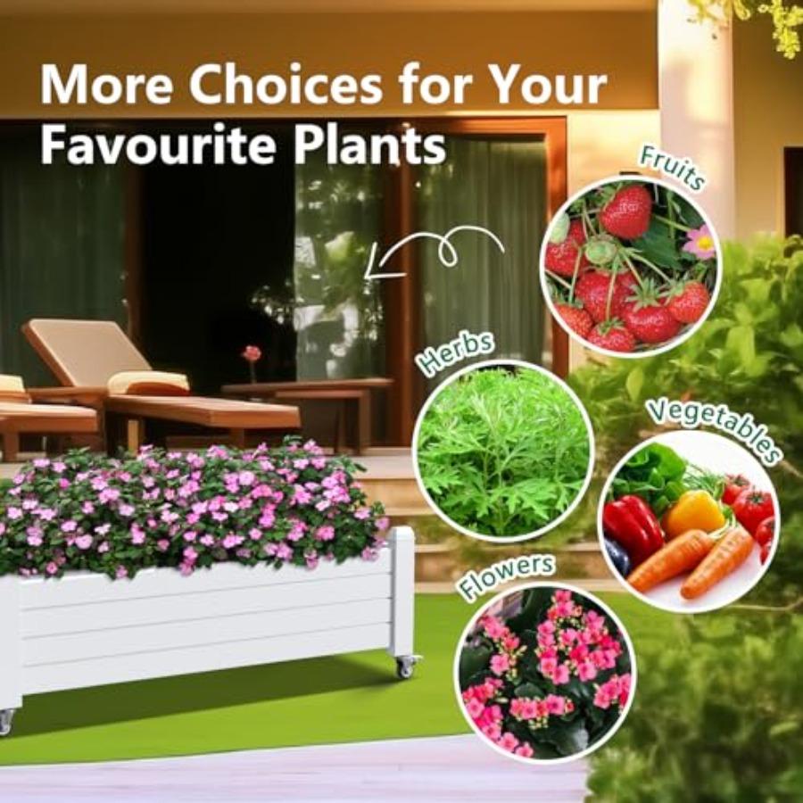 Raised Garden Bed with Wheels Outdoor Resin Weatherproof Planter Box with Drain Hole and Water Level Detector for Planting Plan