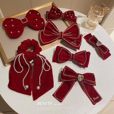 Retro Red Rhinestone Pearl Bow Hair Clips - Christmas Series for Women