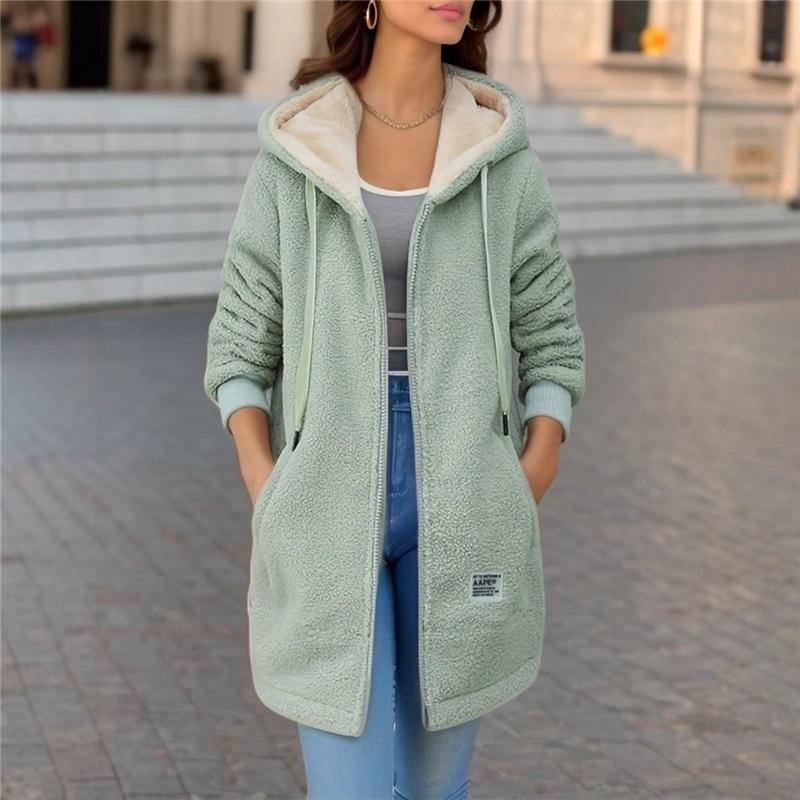 Cappotto Lungo da Donna con Cappuccio in Pile, Zip, Caldo, Foderato in Sherpa, Capo Invernale