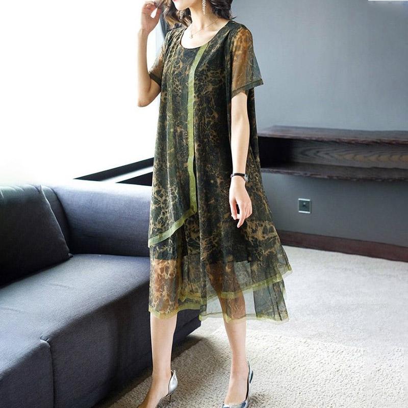 Vestido Mujer Verano Talla Grande Ancho Suelto Vintage Falso Dos Piezas Encaje Sedoso Suave Sencillo Diario Falda Larga