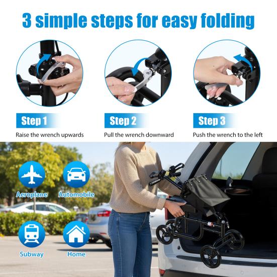 Steerable Leg Scooter Knee with Rear Wheel Brake Locking Handbrake, Crutches Alternative Adults Walker All-Terrains Canvas Bag, Adjustable for Broken