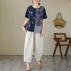 Summer Women T Shirts Floral Print Linen Shirt Plus Size Loose Casual Tops Elegant Sleeve Patchwork Tees 91688