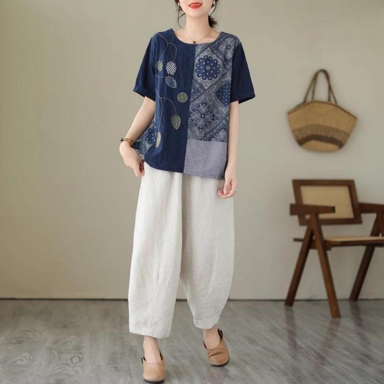 Summer Women T Shirts Floral Print Linen Shirt Plus Size Loose Casual Tops Elegant Sleeve Patchwork Tees 91688