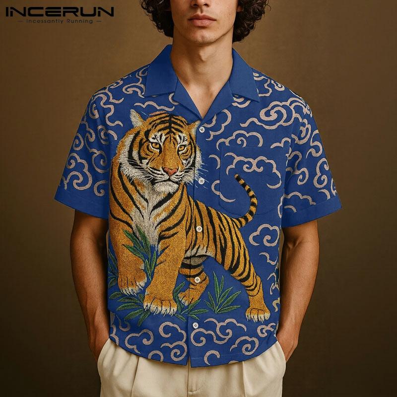 INCERUN Summer Men Lapel Neck Short Sleeve Print Buttons Casual Shirts