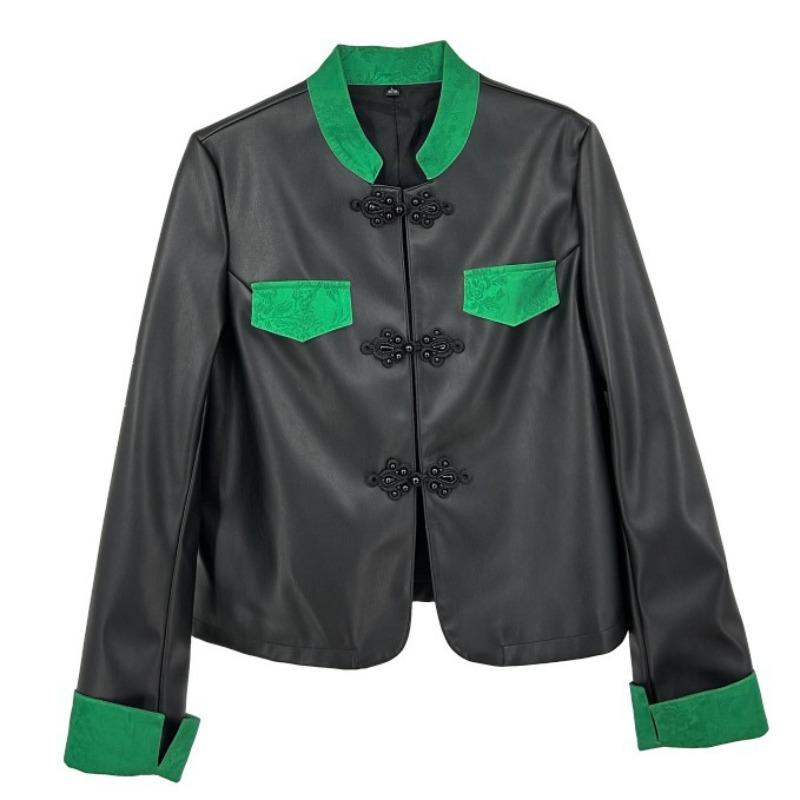 Spring new leather jacket for women, short stand-up collar, Tang suit, Chinese style leather jacket, slim coat, trendy