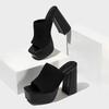 Pesstwei Summer Fashion Stretch Fabric Square Toe Women Slippers High Heels Sandals Slides Shoes Size 35-42