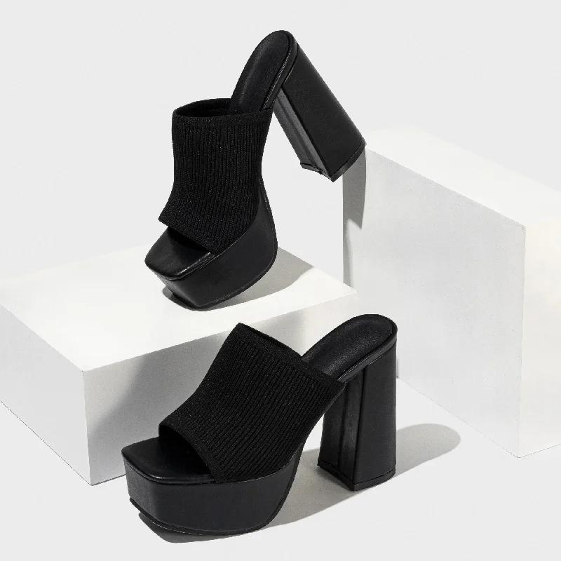 Pesstwei Summer Fashion Stretch Fabric Square Toe Women Slippers High Heels Sandals Slides Shoes Size 35-42