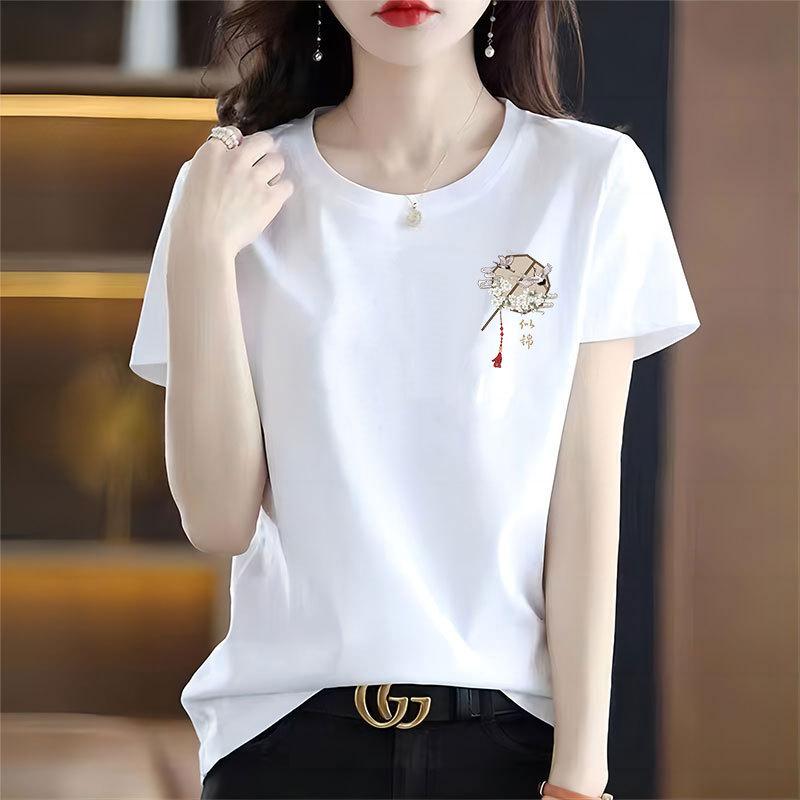 

Белая футболка из чистого хлопка в национальном стиле, женская, свободная, модная, простая, универсальная, с рукавом до локтя, летняя одежда, новый топ 2025 S