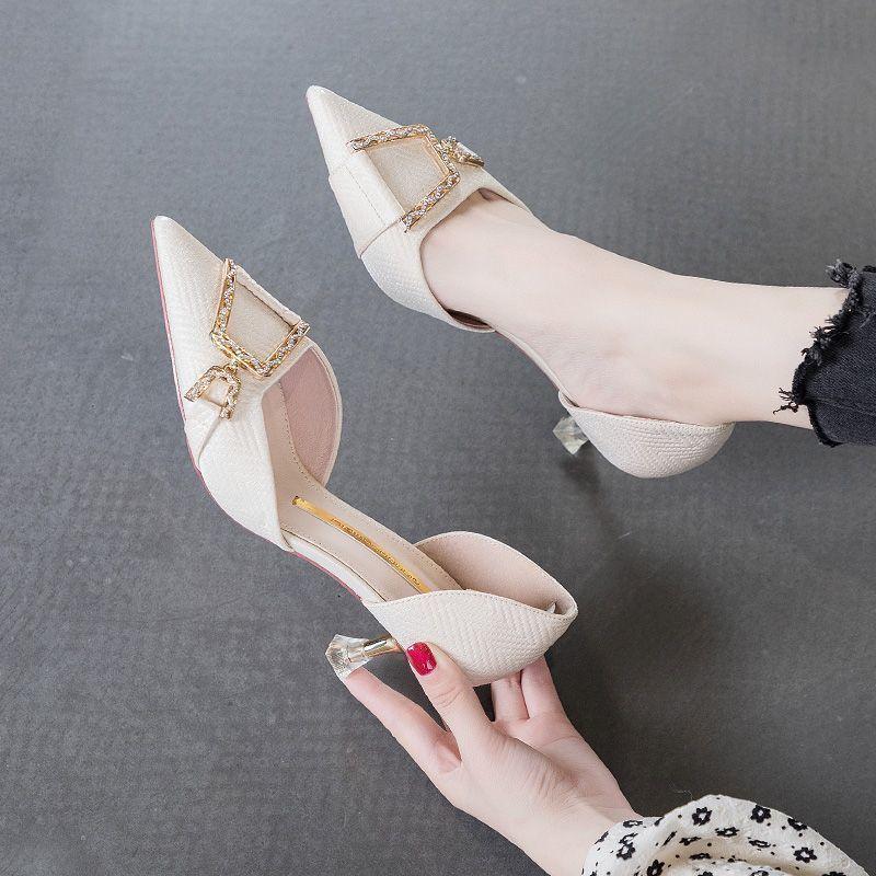 Rhinestone Square Buckle Fashion Hollow Pointed Head with Skirt Stiletto Single Shoes 2024 Summer and Autumn New French High Heels Women