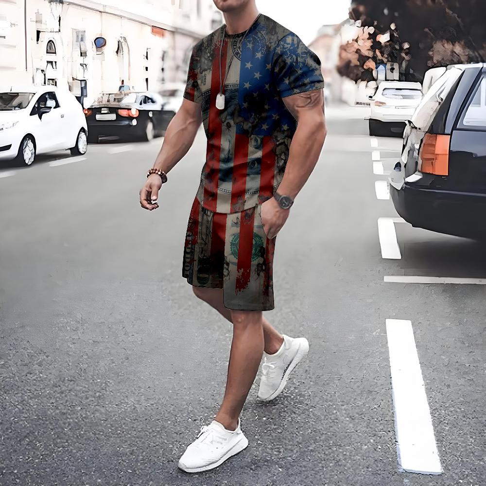 American Flag Print Short Sleeve Tee Shorts Set Casual Men's T-shirt Shorts 2-piece Set Quick Drying Breathable Mesh T Shirt