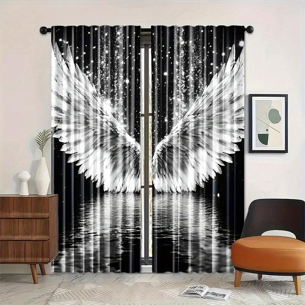 2pcs Elegant Black Curtains with Angel Wings and Stars Design – Perfect for Living Room Study and Office