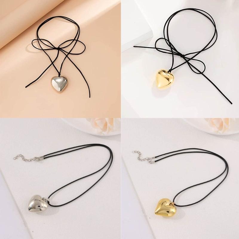 Chunky-Heart Choker Necklace Big Heart Pendant Tie-up Choker Necklace Adjustable Chain for Women Teen Girls Y2K Jewelry