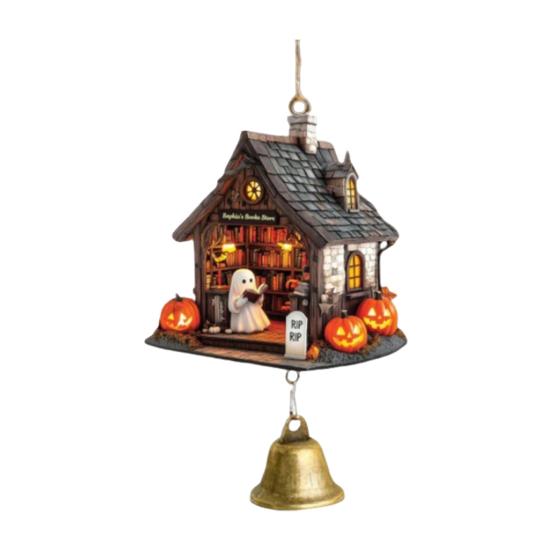 Ghost Reading Book Halloween Ornament 2D Flat Ghost In Reading Nook Hanging Decoration with Bell Window Hanging Wind Chime for Home Decor