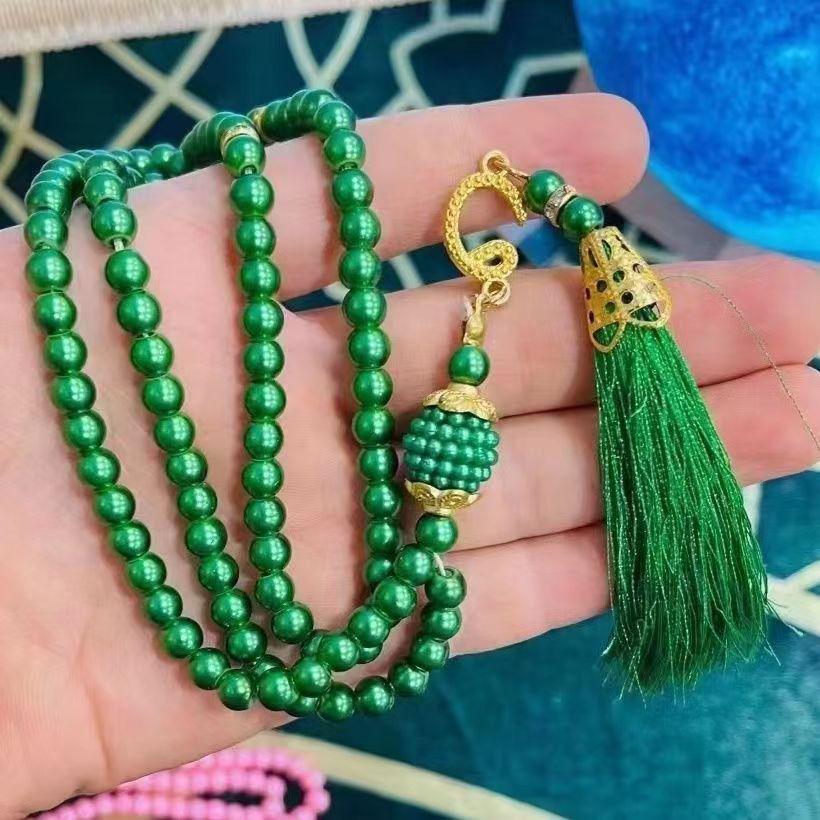 99 Glass Imitation Pearl Tassel Prayer Beads Bracelet Charms, Middle Eastern Design, 6mm Size