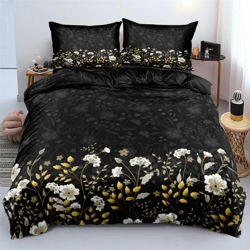 3D-Design Blumen Bettbezug-Sets Bettwäsche Bettwäsche-Set Steppdecke/Bettbezüge Kissenbezüge 220 x 240 Größe Schwarz Home Texitle