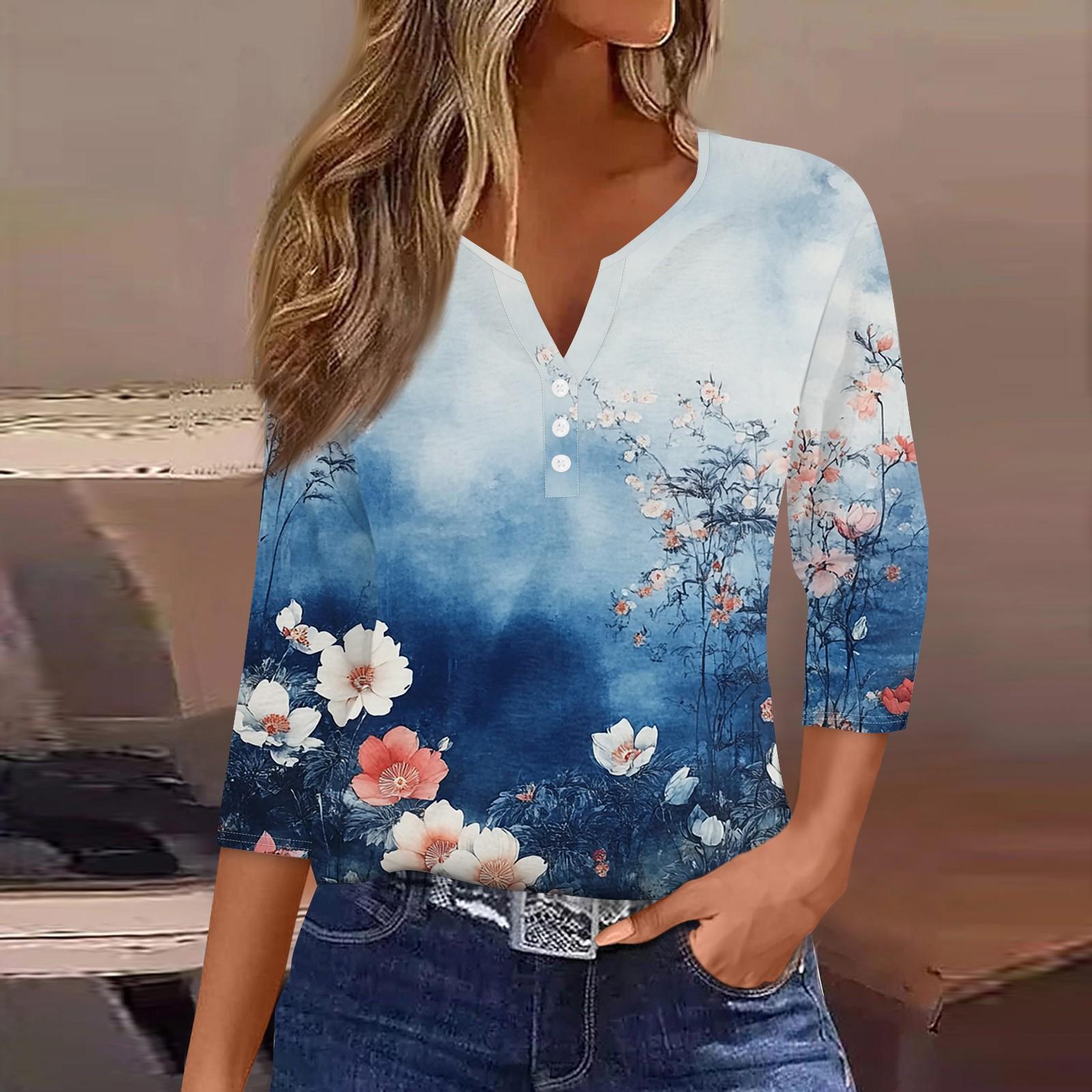 

Женская модная повседневная футболка с v-образным вырезом и декоративными пуговицами, рукавом три четверти, с цветочным принтом, топ XL
