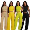 Summer Fashion Women's Knit Ribbed Wide-Leg Pants Two-Piece Set