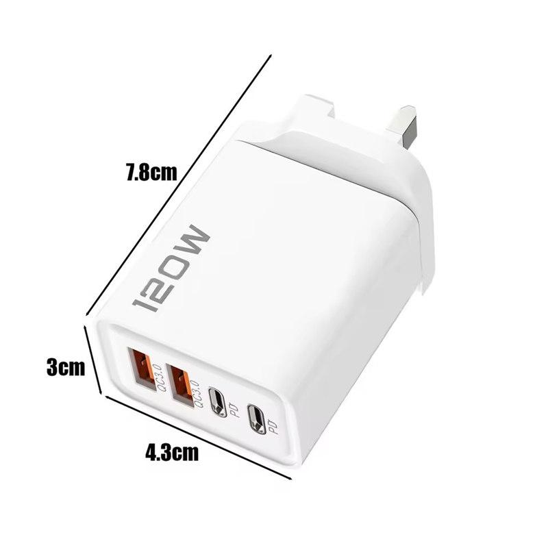 PD 120W 4 porter USB C-lader Hurtiglading 3.0 Type C USB-telefonladere Hurtigladeadapter for Samsung IPhone Xiaomi Huawei