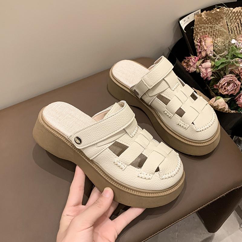 Thick-soled Two-wear Hollowed-out Baotou Sandals for Women's 2025 Summer New Hole Pig Cage Mori Roman Half Slippers Outside