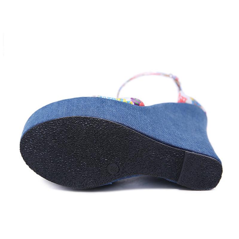 Eilyken Nye designertrykk denim sandaler for kvinner, romerske sandaler, høykvalitets kiler med høye hæler Peep-Toe plattformsko