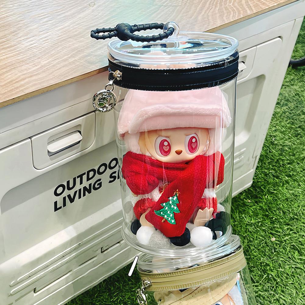 Pro 17cm Labubu V1/V2/V3 Průhledný válcovitý úložný vak na panenky Přenosný prachotěsný organizér pro plyšové panenky