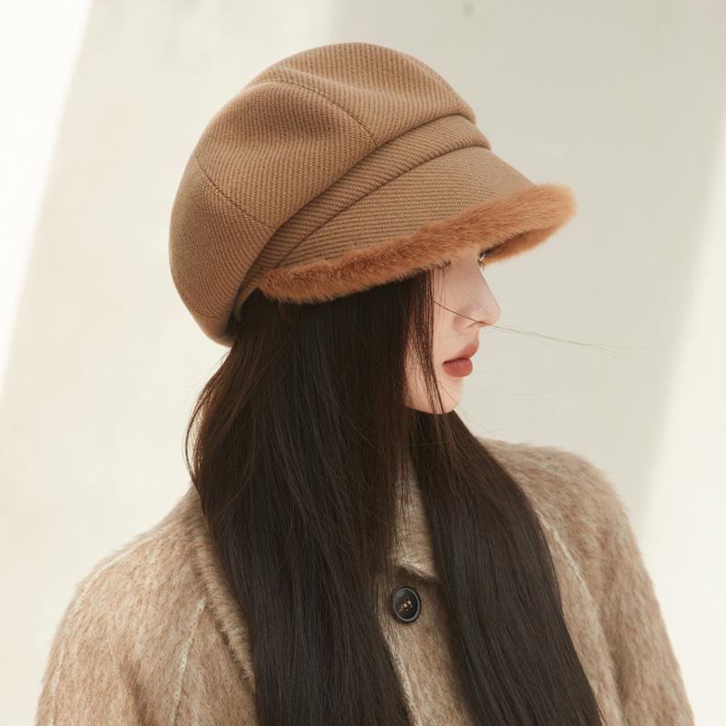 Autumn and Winter Hats for Women with High End Thick Plush Edge Octagonal Hat Solid Color Versatile Baseball Cap Warm Newspaper Baby Hat