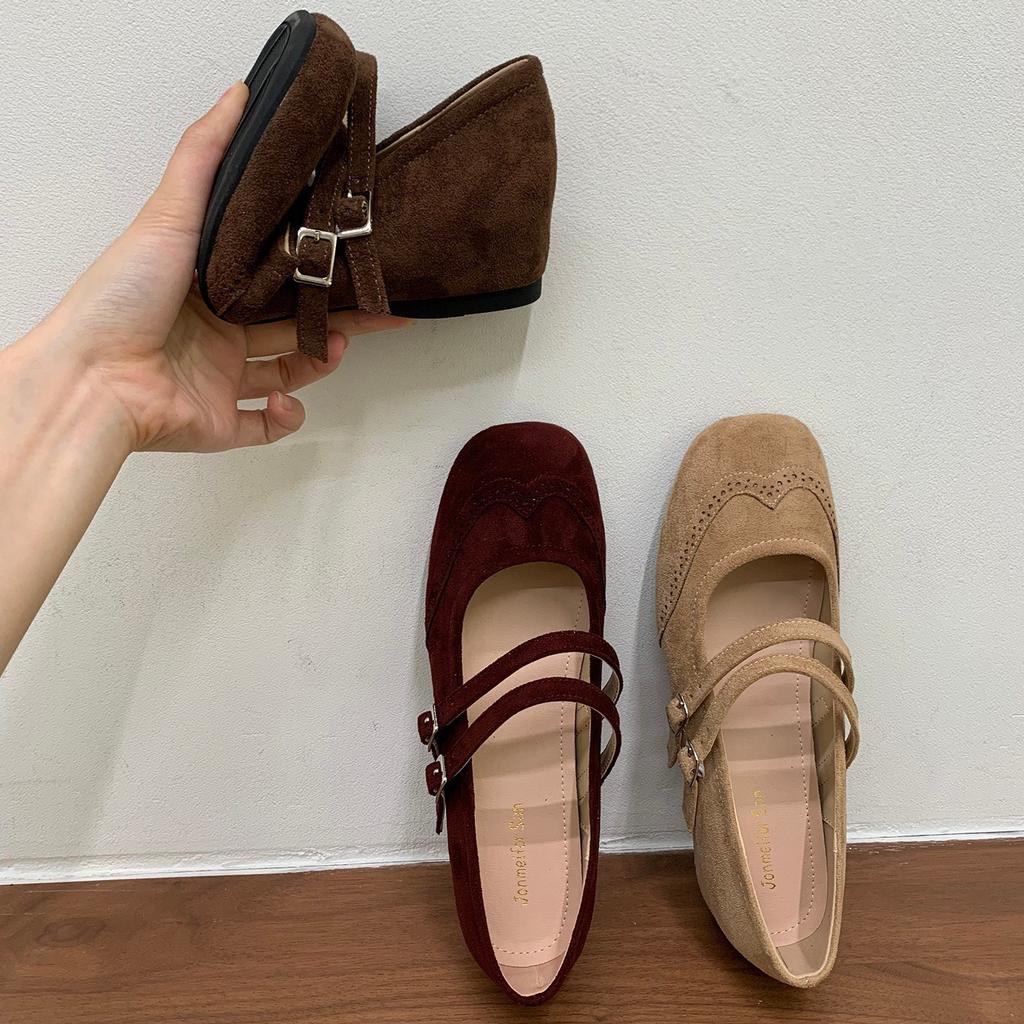 Jonmei for San Nei Heightening Retro Double Buckle with Mary Jane Shoes Single Shoes Autumn New Ballet Beanie Shoes