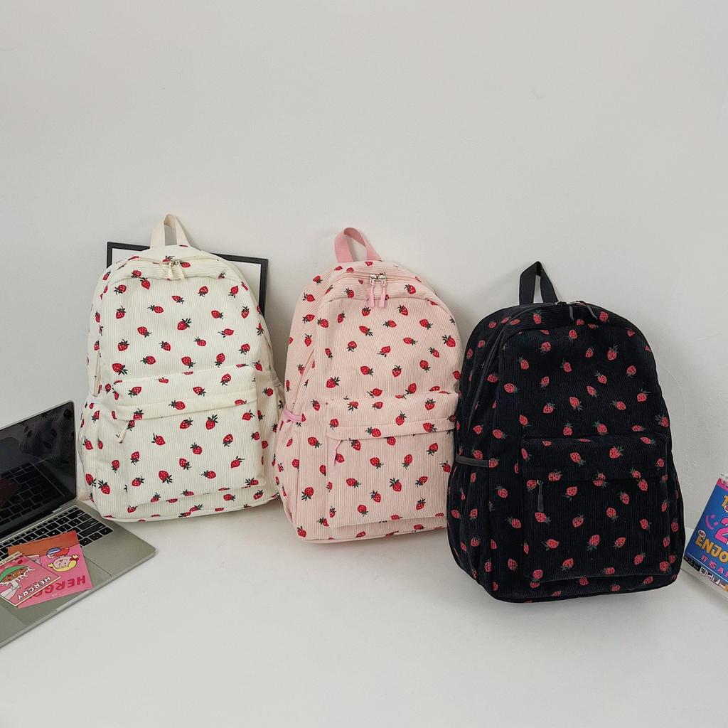 Schoolbag Strawberry Corduroy Backpack Small Fresh College Student Women's School Bag Fashion Casual Versatile Backpack Cute Bag