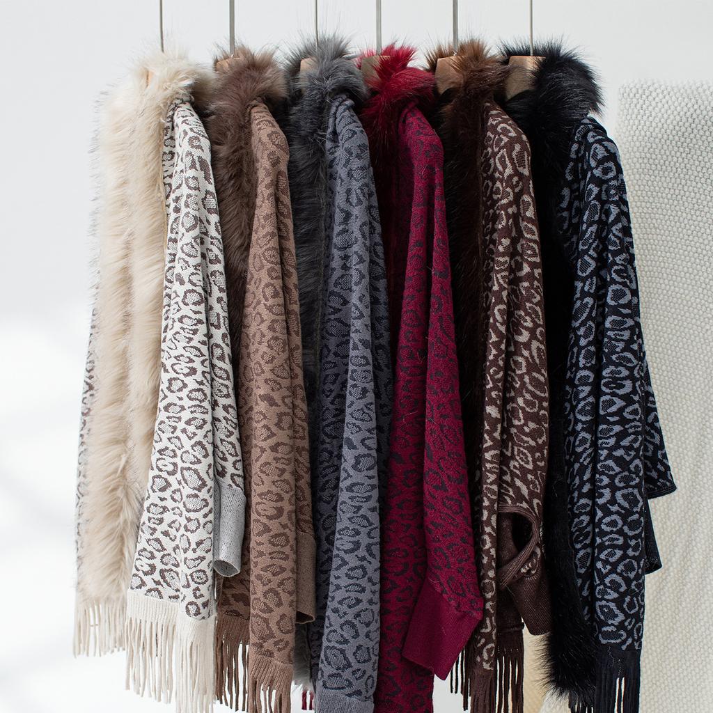 Women's Autumn and Winter Large Size Leopard Print Fur Collar Knitted Cardigan Loose Bat Sleeve Cape Sweater Top Women 6 Colors
