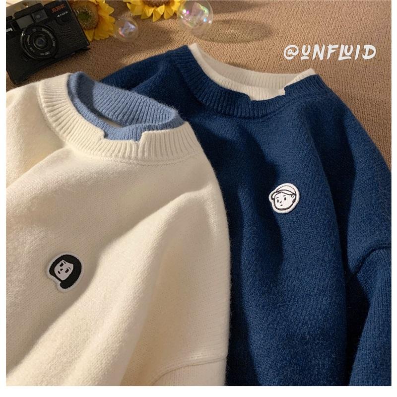 Men's Fake Two Piece Knit Sweater Crew Neck Casual Embroidered Pullover