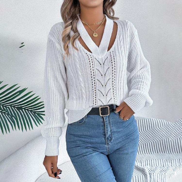 Women Casual Long Sleeve V Neck Knit Sweater for Autumn Winter