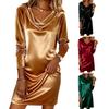 Damen Satin Wasserfallausschnitt Kleid Langarm Cocktailparty Club Kurzes Kleid Gerafft Hochzeitsgast