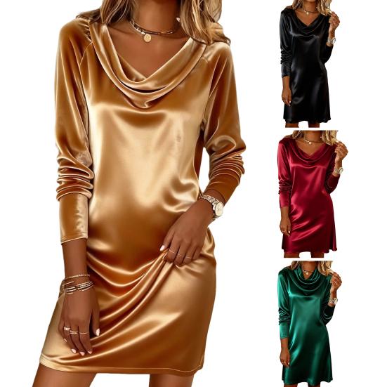 Women's Satin Cowl Neck Dress Long Sleeve Cocktail Party Club Short Dress Ruched Wedding Guest