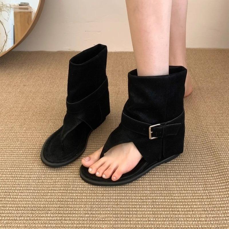 Soft Leather French Toe Post Sandals Women's Summer New Flat Boot Loose Tube Short Boots Roman Style Micro Fiber Shoes