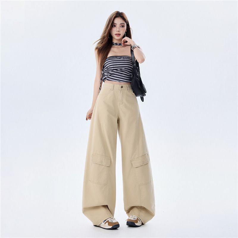 Early Spring Pure Cotton Military Green Comfort Relax Drape Saber Cut Scythe Cargo Denim Pants For Ladies Casual Pants Oversize Denim Trousers