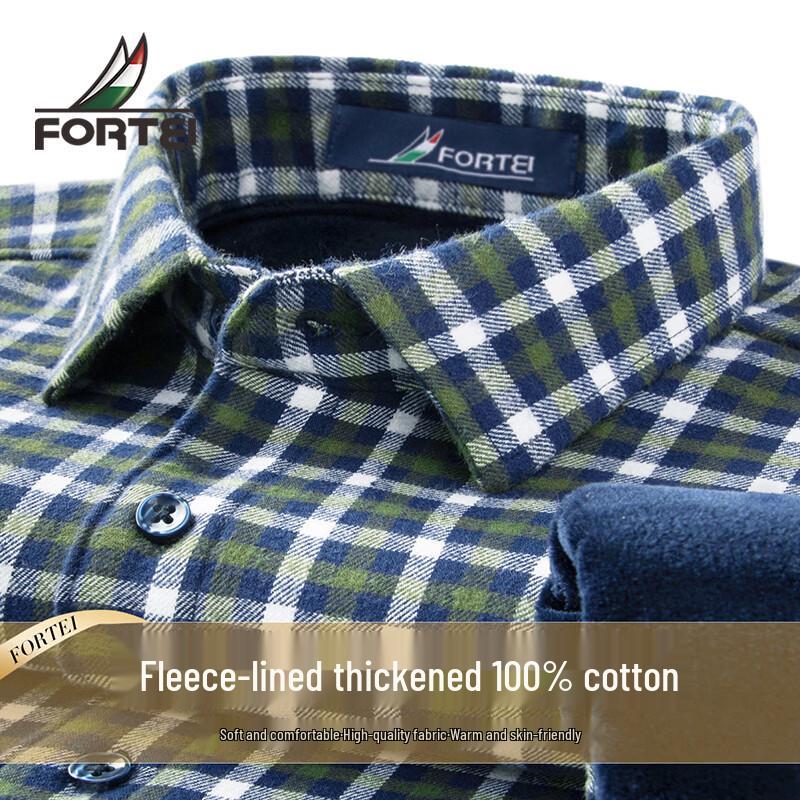 Futing Men s 100% Cotton Fleece Lined Plaid Long Sleeve Shirt 42