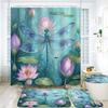 4Pc Dragonfly Shower Curtain Sets with Non-Slip Rug,Toilet Lid Cover and Bath Mat,Pink Lianhua Shower Curtain Sets with 12 Hooks