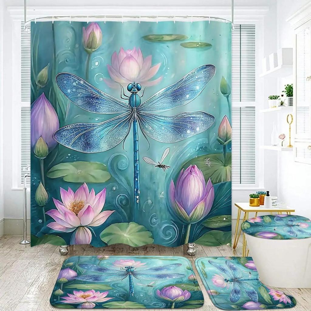 4Pc Dragonfly Shower Curtain Sets with Non-Slip Rug,Toilet Lid Cover and Bath Mat,Pink Lianhua Shower Curtain Sets with 12 Hooks