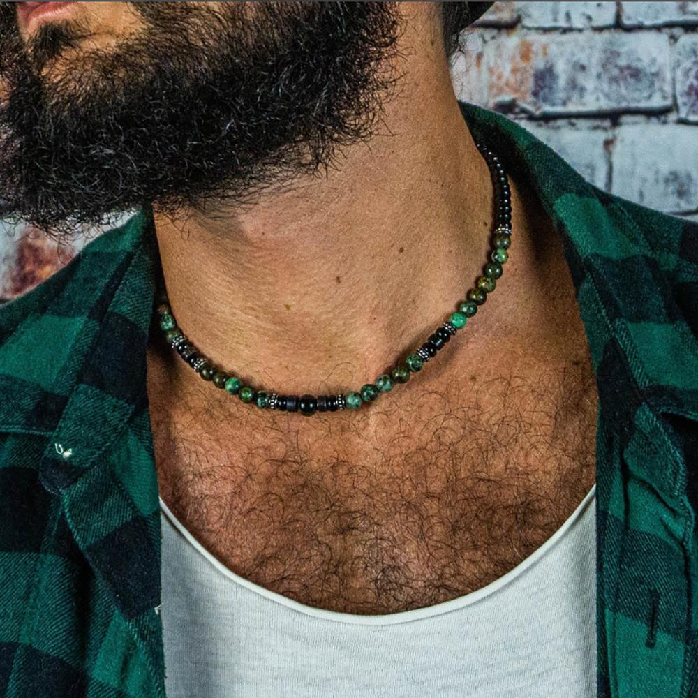 Collier Homme Fait Main Perles Pierre Naturelle Couche Unique Personnalisé Style Punk Acier Inoxydable Collier Homme