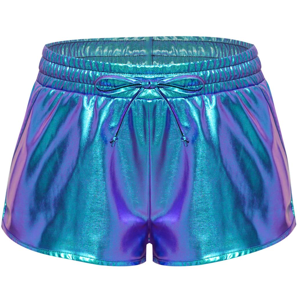 Meisjes Metallic Korte Broek Trekkoord Elastische Tailleband Glanzende Hotpants Dans Bodems Zakken Sportkorte Broek