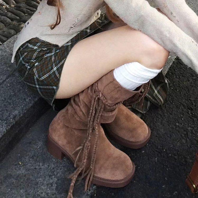 

[Youshilai] Autumn and winter brown fringed boots retro wasteland knight boots British pile medium boots women 35