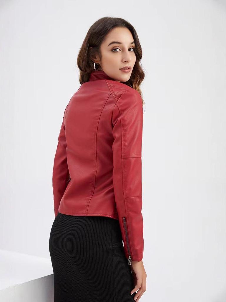 Dámská kožená bunda Slim Fit 2025 - Stojáček, Zip, Krátký kabát na jaro a podzim