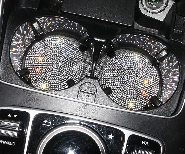 Car Coasters for Drink Rhinestone Set of 2 Holders, Non-Slip, Design, Beautiful, (Silver)