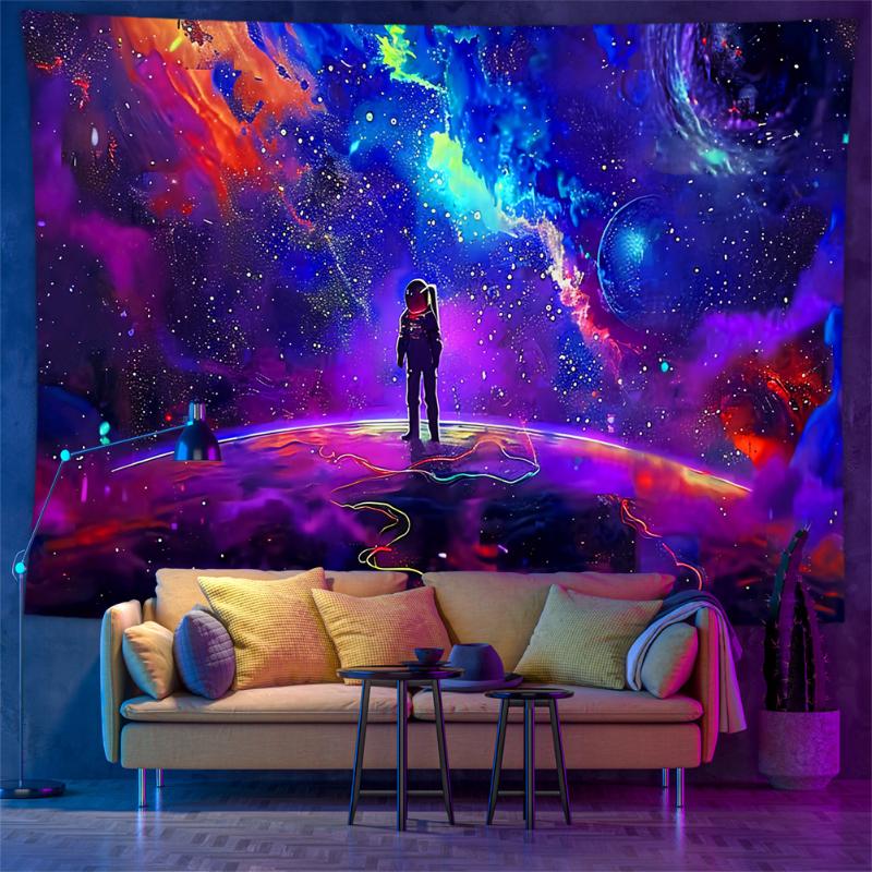 Psychedelic Galaxy Printed Black Light Astronaut Tapestry, Fluorescent Uv Reaction Wall Hanging Room Home Decoration 100X70CM